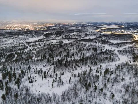 Top down view of the forest in winter and city murmansk. Winter landscape in  Stock Photos
