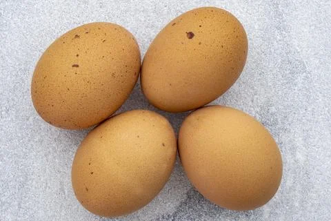 Top down view of four brown speckled eggs on a marble countertop shows a modern 库存照片