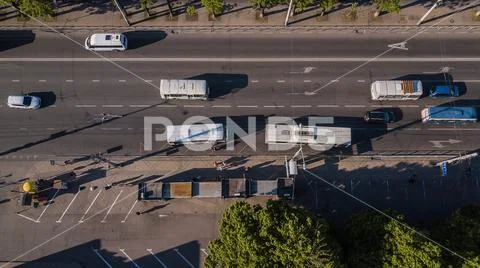 Top down View of freeway busy city traffic jam rush hour highway. Stock Photos