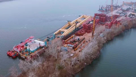 Top Down View of Freighter Shipping in Port Dock. Trade Export. Trade Import Stock Footage 159492967
