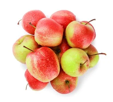 Top-down view of a fresh pile of juicy red and green apples covered in wate.. Foto stock