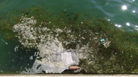 Top down view of garbage and trash floating on the sea water surface Video stock 154498246