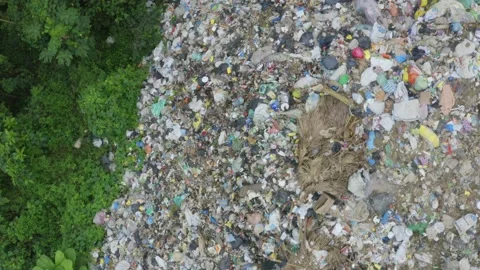 Top down view of a garbage landfill, showing the loads of garbage being dumped Stock Footage 146346259