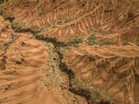 Top down view, gorge with eroded red sandstone rocks, Konorchek Canyon, Boom 스톡 사진
