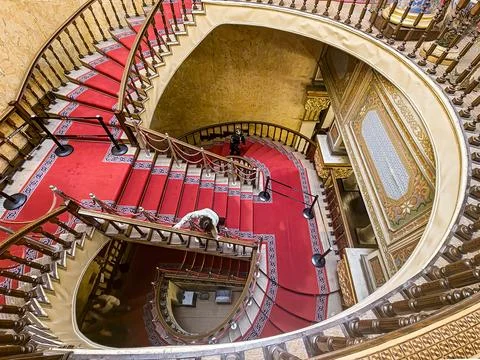 Top Down View of Grand Spiral Staircase in Beylerbeyi Palace Stock Photos