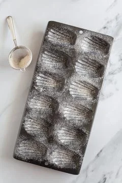 Top down view of a greased and flour dusted madeleine cake tin, diagonal 写真素材