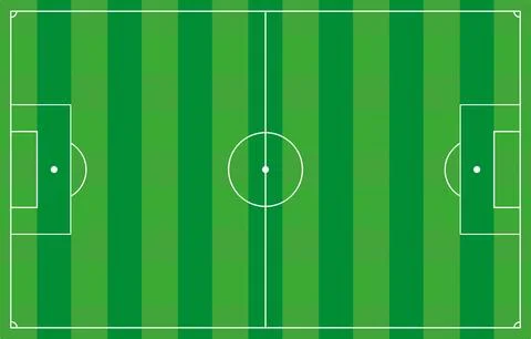 Top-down view of a green soccer field with white markings and goal boxes Stock Illustration