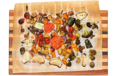 Top down view of grilled veggies on cutting board Stock Photos