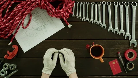 Top down view. A guy thinking about projects Stock Footage 80123773