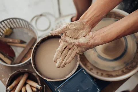 Top Down View on Hands Greased in a Clay, Pottery Master at Work Stock Photos