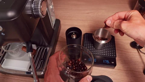 Top Down View Of Hands Weighing Coffee Beans To Exact Eighteen Grams On Digital Stock Footage 328859337