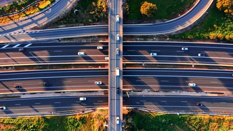 Top down view of highway lanes and overpass Stock Footage 330490738