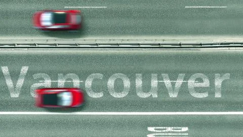 Top down view of the highway with Vancouver text. Driving in Canada 3D rendering Ilustração Stock