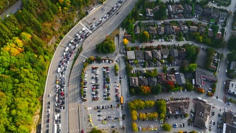 Top down view on Horseshoe Bay, houses, nature and car queue on the ferry Stock Footage 253047327