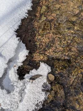 Top Down View of Ice Formations and Snow on a Flowing Rocky Creek Bed 스톡 사진