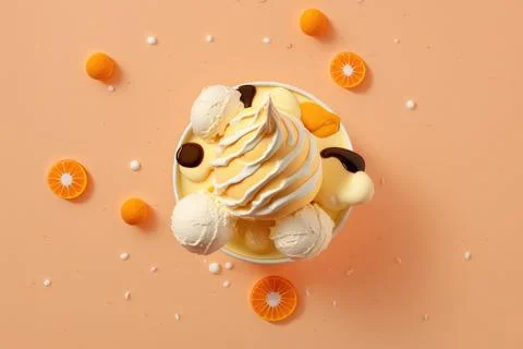 Top down view, illustration of an ice cream coupe with oranges on the orange Stock Illustration