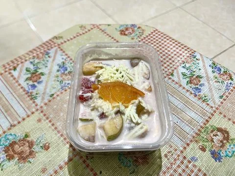 Top Down View of Indonesian Fruit Salad in Plastic Container Stock Photos