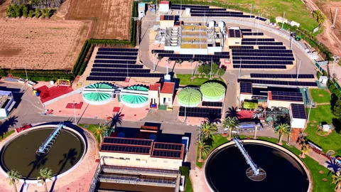 Top down view of industrial facility with solar panels Stock Footage 330491060