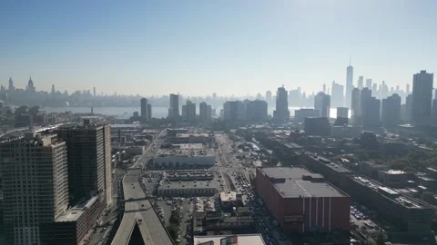 Top-down view of Jersey City neighborhoods showing roof shapes, connected Stock Footage 321882171
