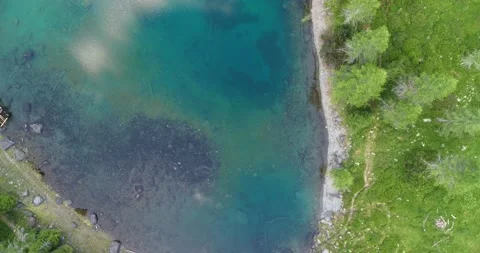 Top Down view of Lake. Aerial Landscape of Lake surrounded by Forest Stock-Footage 197443365