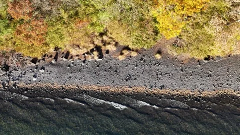 Top Down View | Lakeshore Waves | Autumn Nature | Drone - 4K Aerial Video Video stock 329052803