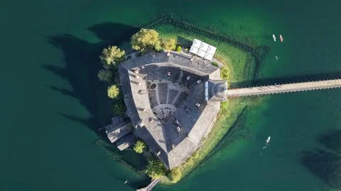 Top Down View of Lakeside Building and Footbridge in Austria Photos