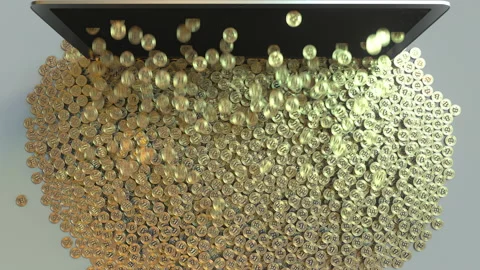 Top down view of the laptop and falling bitcoin token, success or crypto mining Stock Footage 146712592