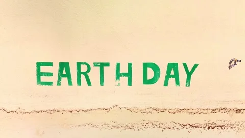 Top down view of large green title on tropical beach says EARTH DAY. People Stock Footage 274164917
