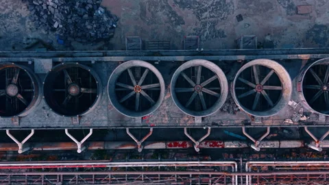 Top down view of large ventilation fans in a cooling tower. Stock Footage 340080334
