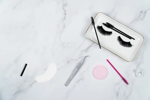 Top down view of lash beauty products Stock Photos