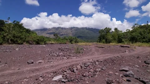 Top down view from lava path to mountain Stock Footage 255872490