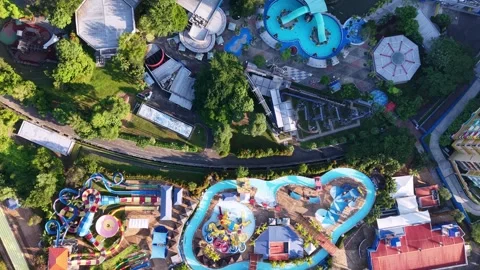 Top down view of the LEGO land and the surrounding lush landscaping Stock Footage 332093766