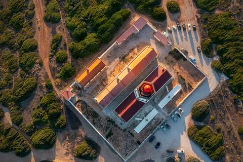 Top down view of lighthouse, cape Espichel at sunset, Portugal Stock Photos