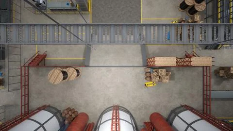 Top down view of logistics depot used for goods production, 3D render Illustrazione stock
