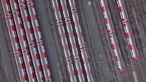 Top Down View of London Underground Trains at Depot Stock Footage 323878338