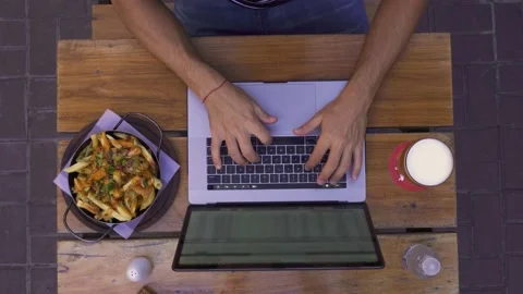 Top down view of male opening computer screen and working in office bar Stock-Footage 153293764