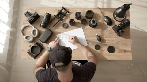 Top down view of man in black cap write sign text START on A4 paper Stock Footage 231268985