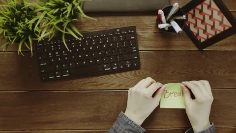 Top down view of man sticking notes with words "coffee break" on them and Video stock 81185414