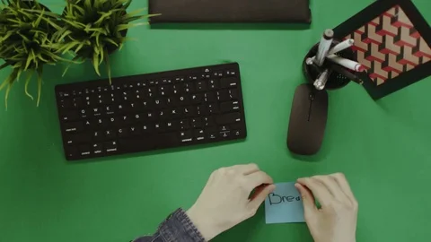 Top down view of man sticking notes with words "coffee break" on them and Video stock 81232214
