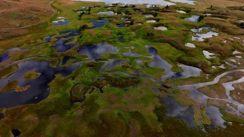 Top down view. Meanders. Multiple spills of a mountain river stream in a steppe Stock Footage 332659135