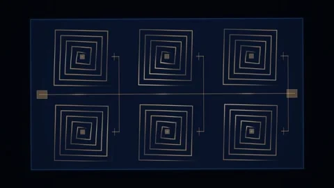 Top down view of a microchip circuit board diagram with six square spiral c.. Stock Footage 347464864