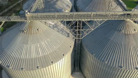 Top down view modern steel agricultural grain granary , warehouse Stock Footage 153619587