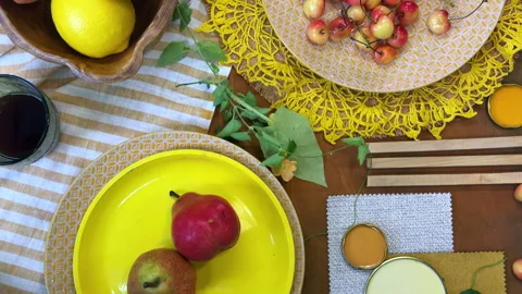 Top-down view of a mood board and color palette arrangement featuring fruits, ta Stock Footage 311846604