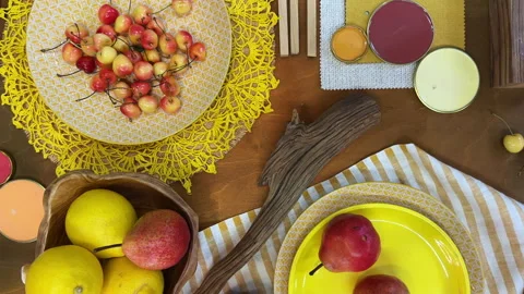 Top-down view of a mood board and color palette arrangement featuring fruits, ta Stock Footage 311847351