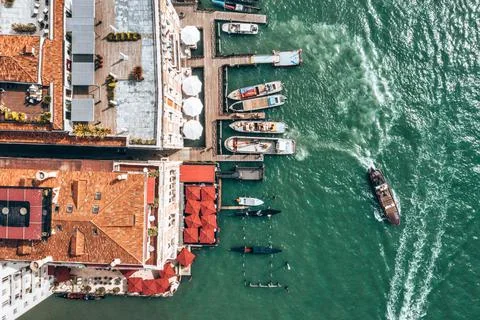 Top down view of moored empty venetian gondolas Stock Photos