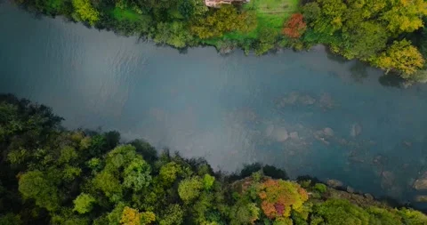 Top down view of a mountain freshwater river Adda with a low water level Stock Footage 223491868