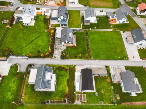 Top down view of newly built modern houses in the suburban area Stock Photos
