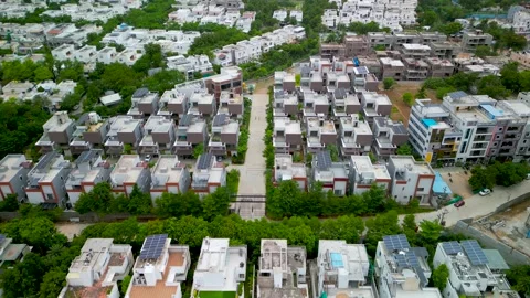 Top down view of newly constructed luxury villa homes with solar panels in .. Stock Footage 318943349