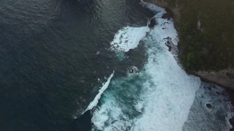 Top down view of ocean cliff covered with greenery. White foam with turquoise Vídeo Stock 233886972