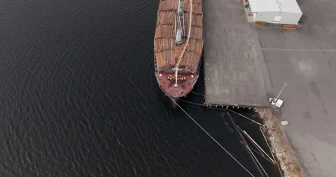 Top down view of an ocean freighter loaded with logs for export Stock Footage 342774360
